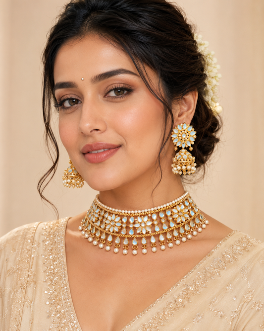 Sky Pearl Mirror Choker & Jhumka Set