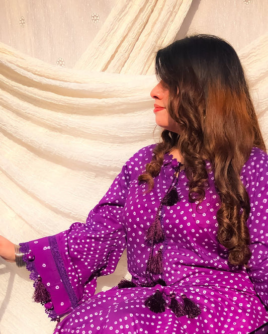 Hand Made Chiffon Chunri 3 Piece Purpal Suit