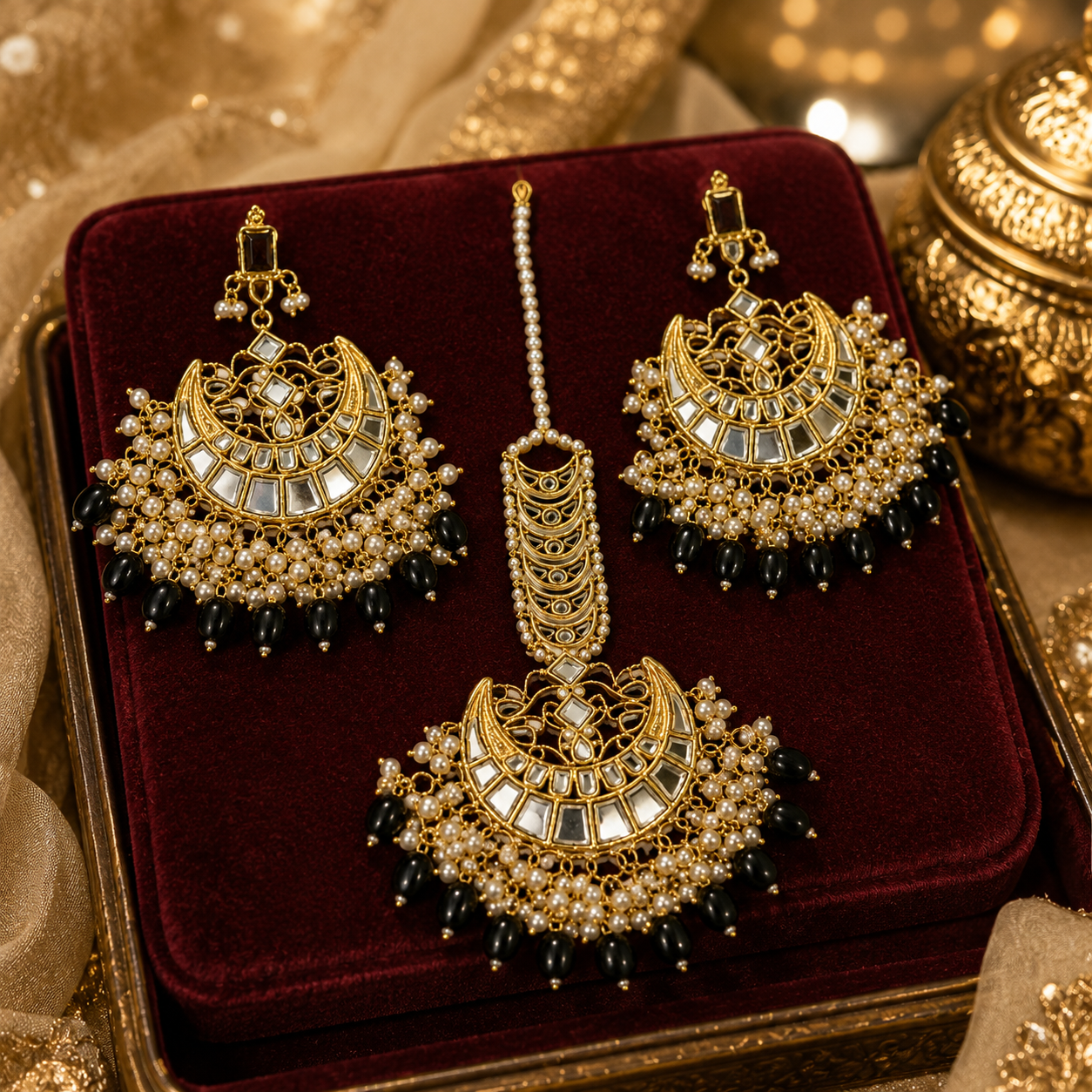 Noir Pearl Chandbali Earrings & Maang Tikka Set