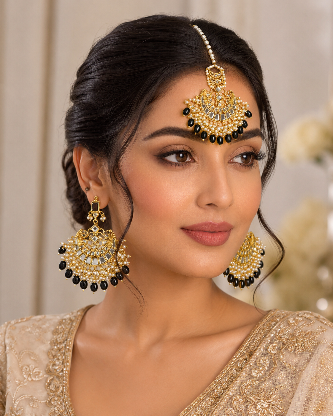 Noir Pearl Chandbali Earrings & Maang Tikka Set