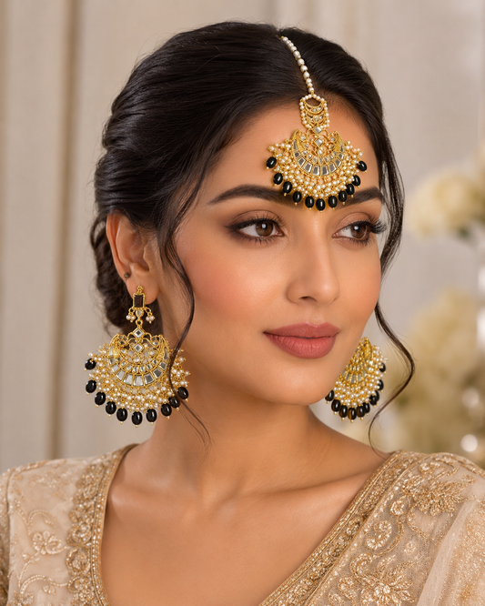 Noir Pearl Chandbali Earrings & Maang Tikka Set