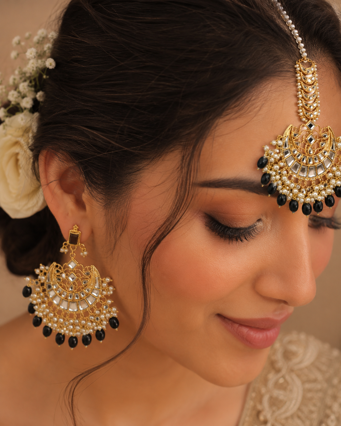 Noir Pearl Chandbali Earrings & Maang Tikka Set