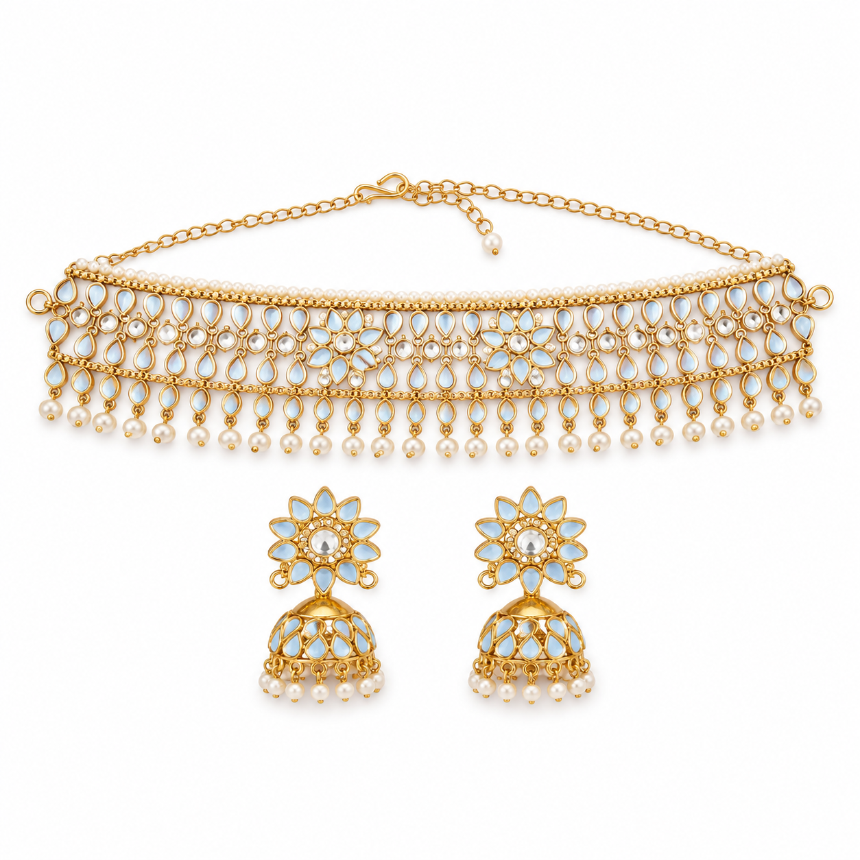 Sky Pearl Mirror Choker & Jhumka Set