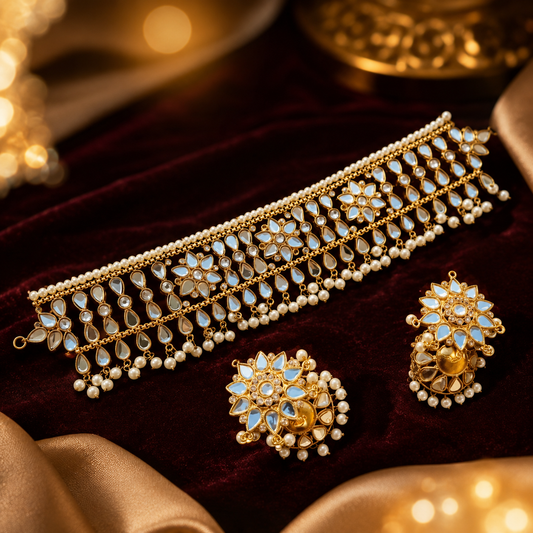 Sky Pearl Mirror Choker & Jhumka Set