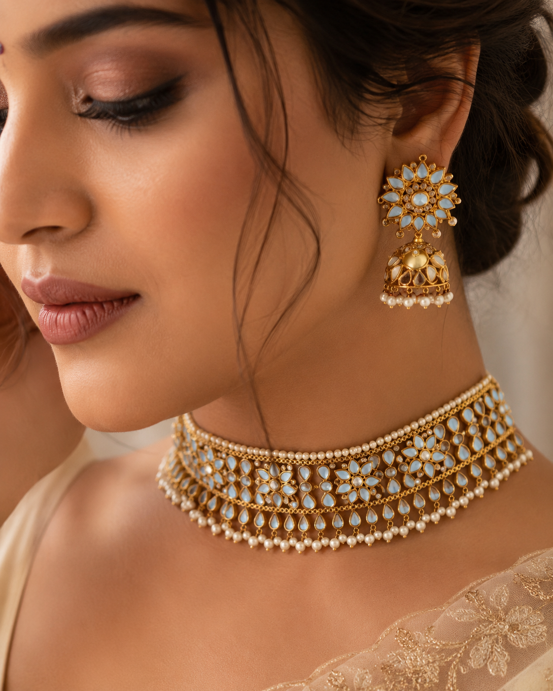 Sky Pearl Mirror Choker & Jhumka Set