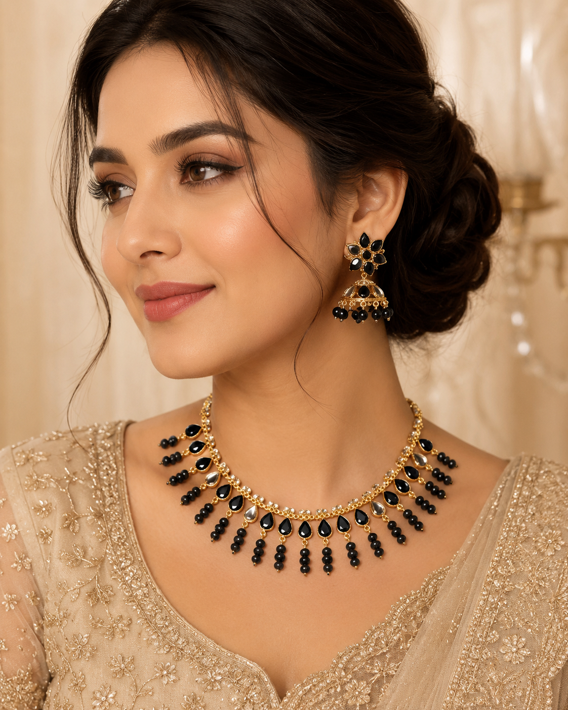 Midnight Grace Black Drop Necklace & Jhumka Set