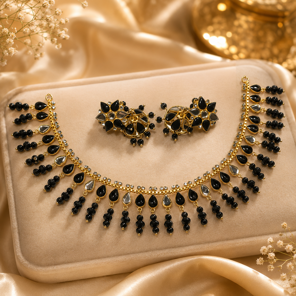 Midnight Grace Black Drop Necklace & Jhumka Set