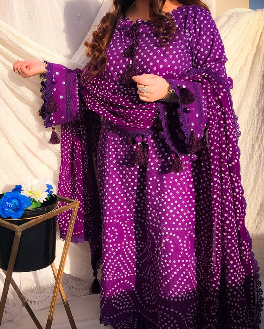 Hand Made Chiffon Chunri 3 Piece Purpal Suit