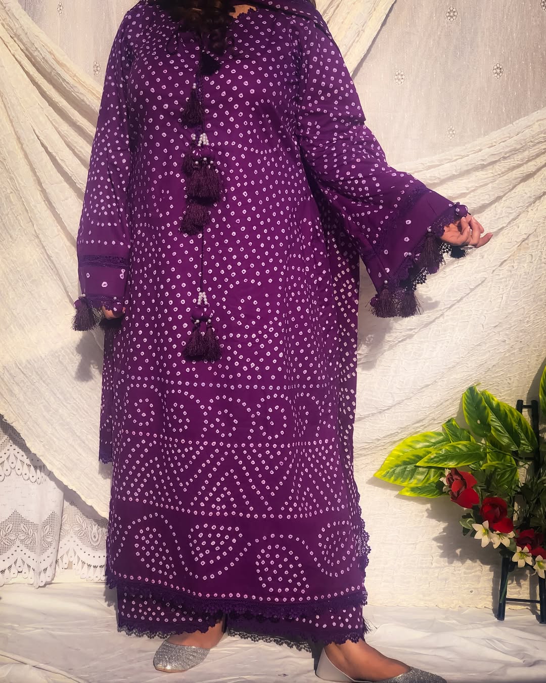 Hand Made Chiffon Chunri 3 Piece Purpal Suit